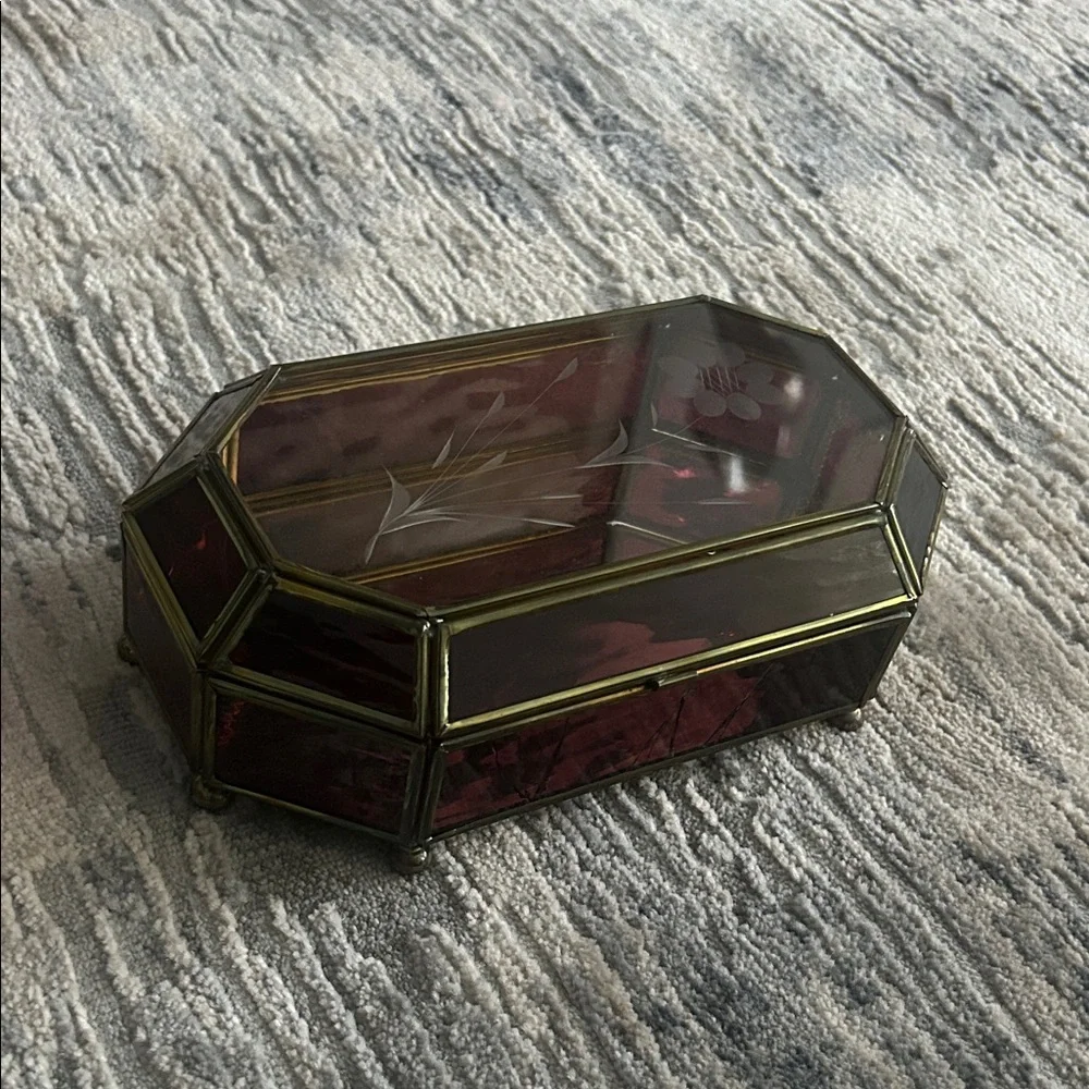 Vintage Handcrafted Stained Glass Jewelry Box | Mauve & Brass Etched Floral